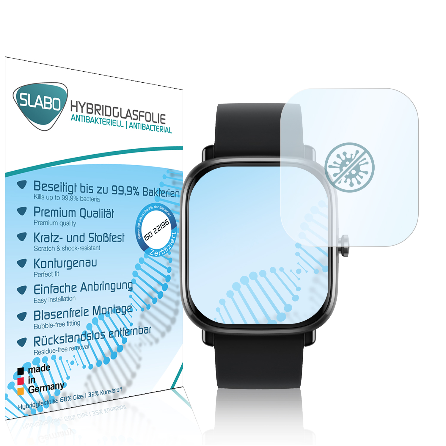 Smartwatch mit Displayschutz, und Verpackung. Displayschutz liegt auf dem Uhrenbildschirm.
