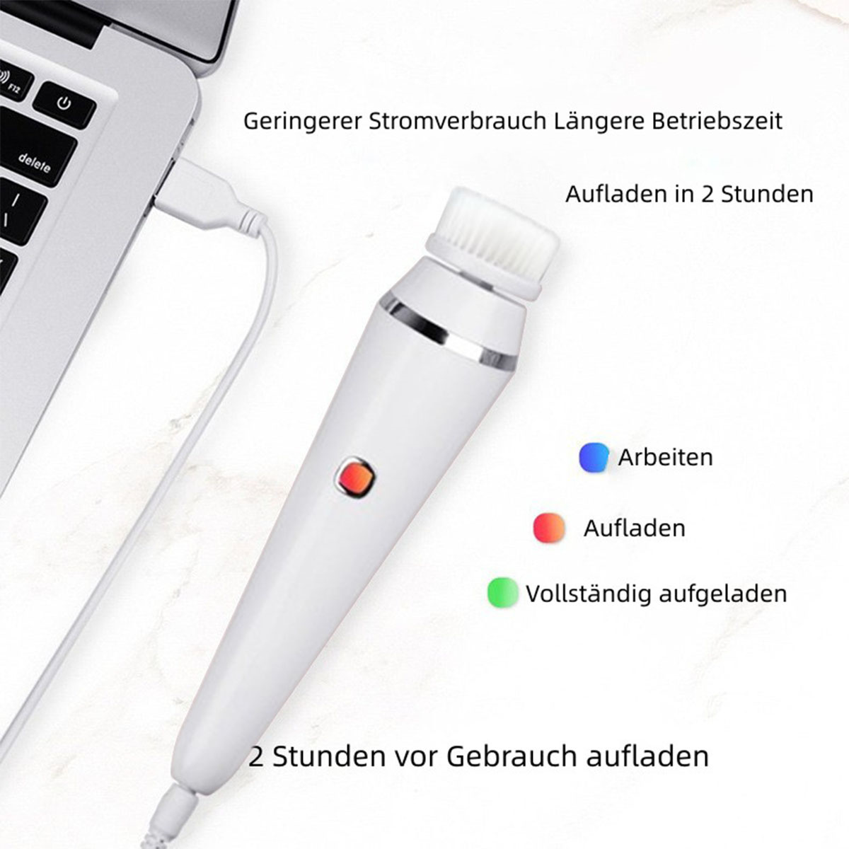 Eine weiße Gesichtsreinigungsbürste, angeschlossen an einen Laptop, mit Text über Funktionen.