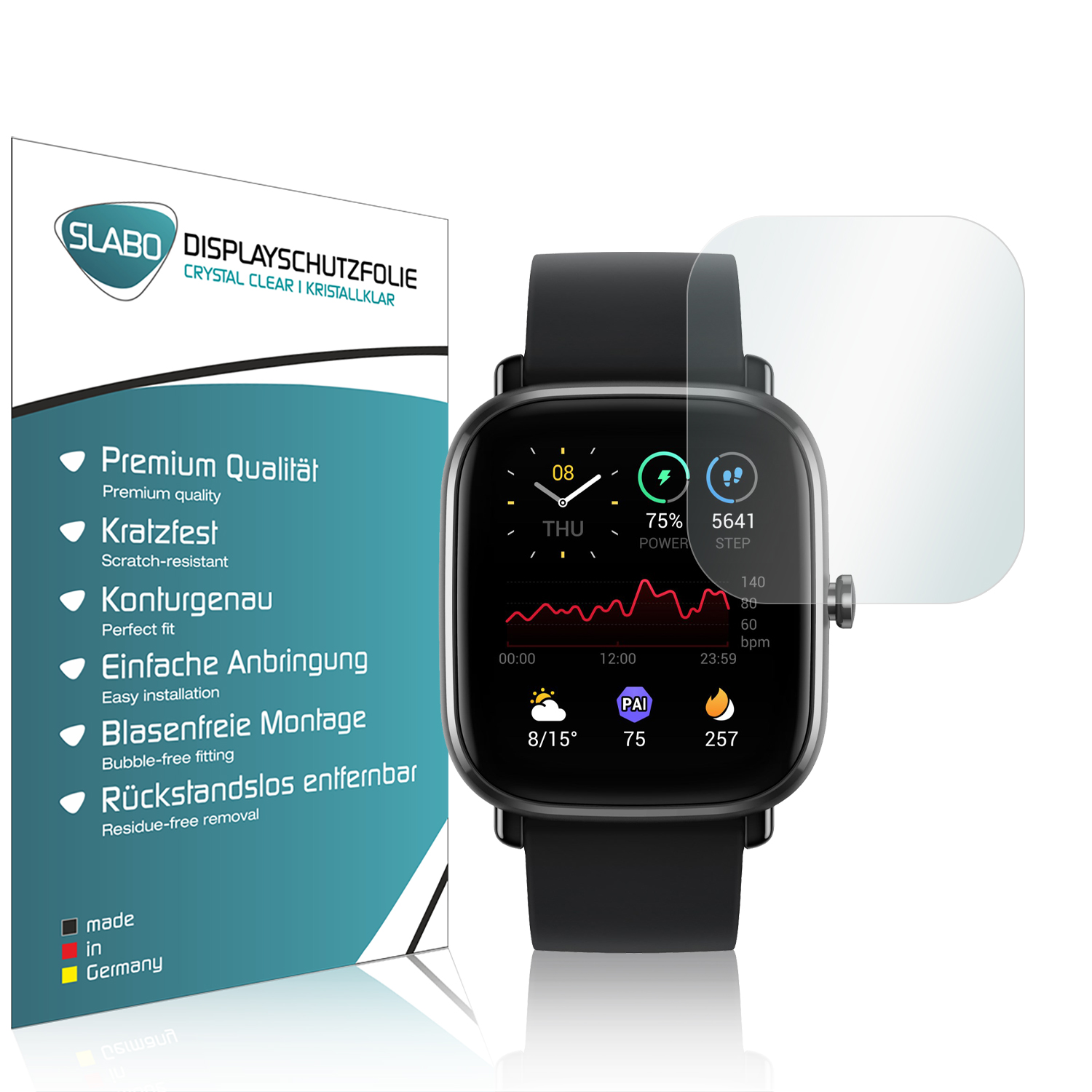 Smartwatch zeigt Daten, mit Schutzfolie und weißem Hintergrund.