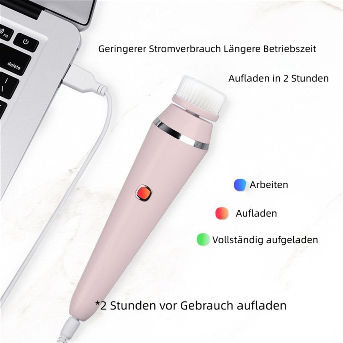 Rosa Gesichtsbürste in der Nähe eines Laptops, mit Ladeanzeigelichtern und Text über den Betrieb.