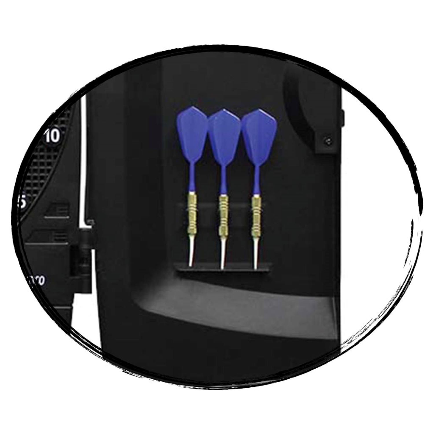 Drei blaue Dartpfeile in einem schwarzen Halter. Der Halter auf schwarzem Hintergrund, im Kreis.
