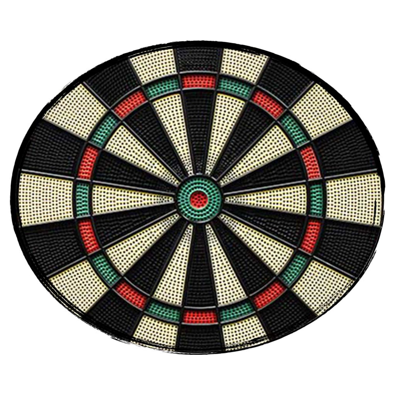 Eine Dartscheibe mit schwarzem Hintergrund. Die Dartscheibe hat rote, grüne und weiße Abschnitte. Ein Bullseye in der Mitte.