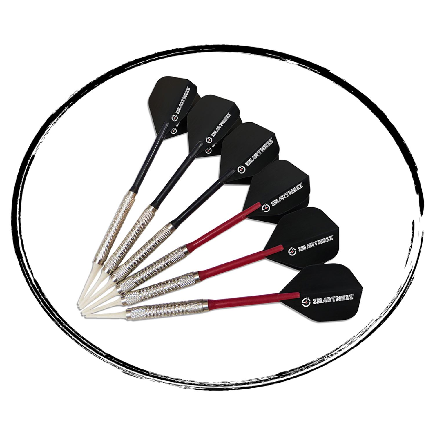 Sechs Darts mit schwarzen und roten Flights sind kreisförmig angeordnet.