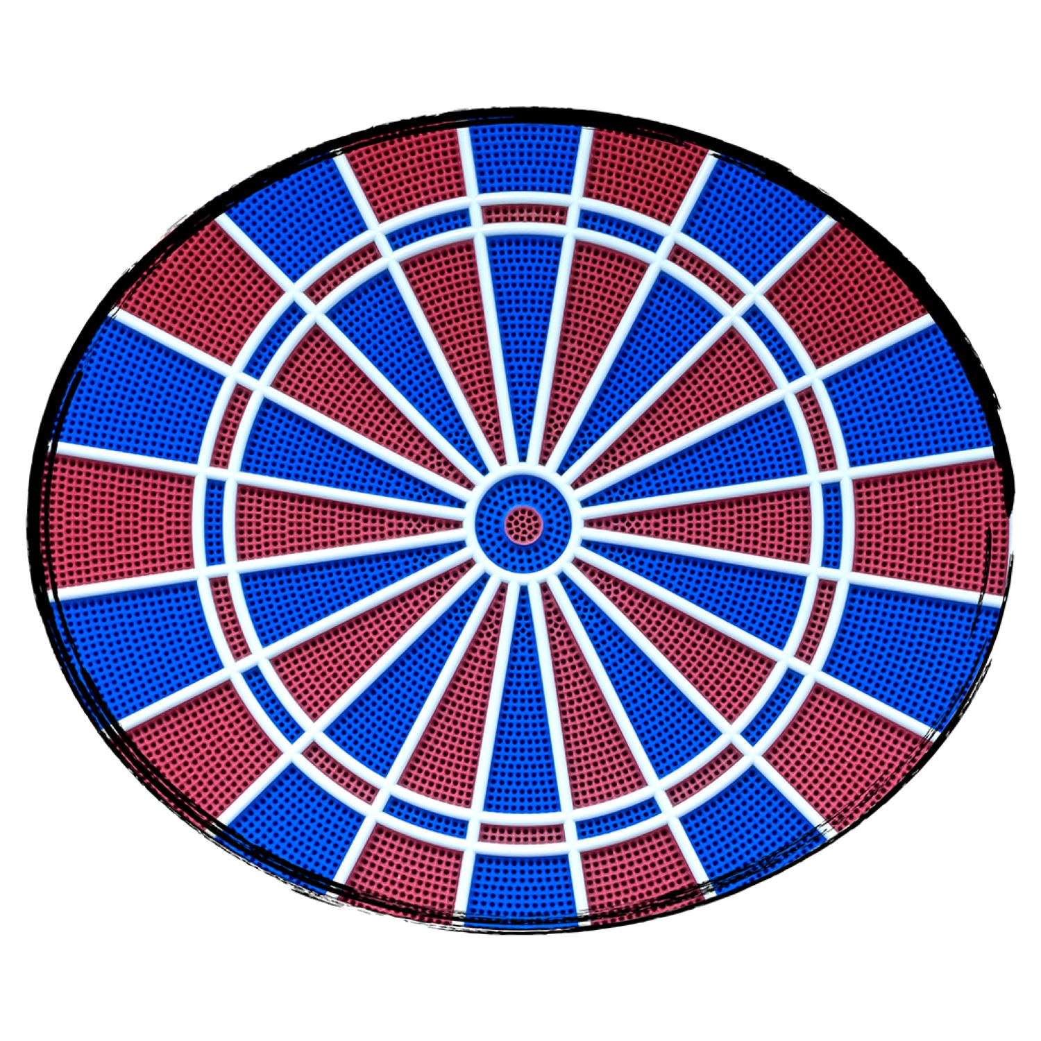 Dartscheibe mit roten und blauen Abschnitten, weißen Teilern und schwarzem Rand.