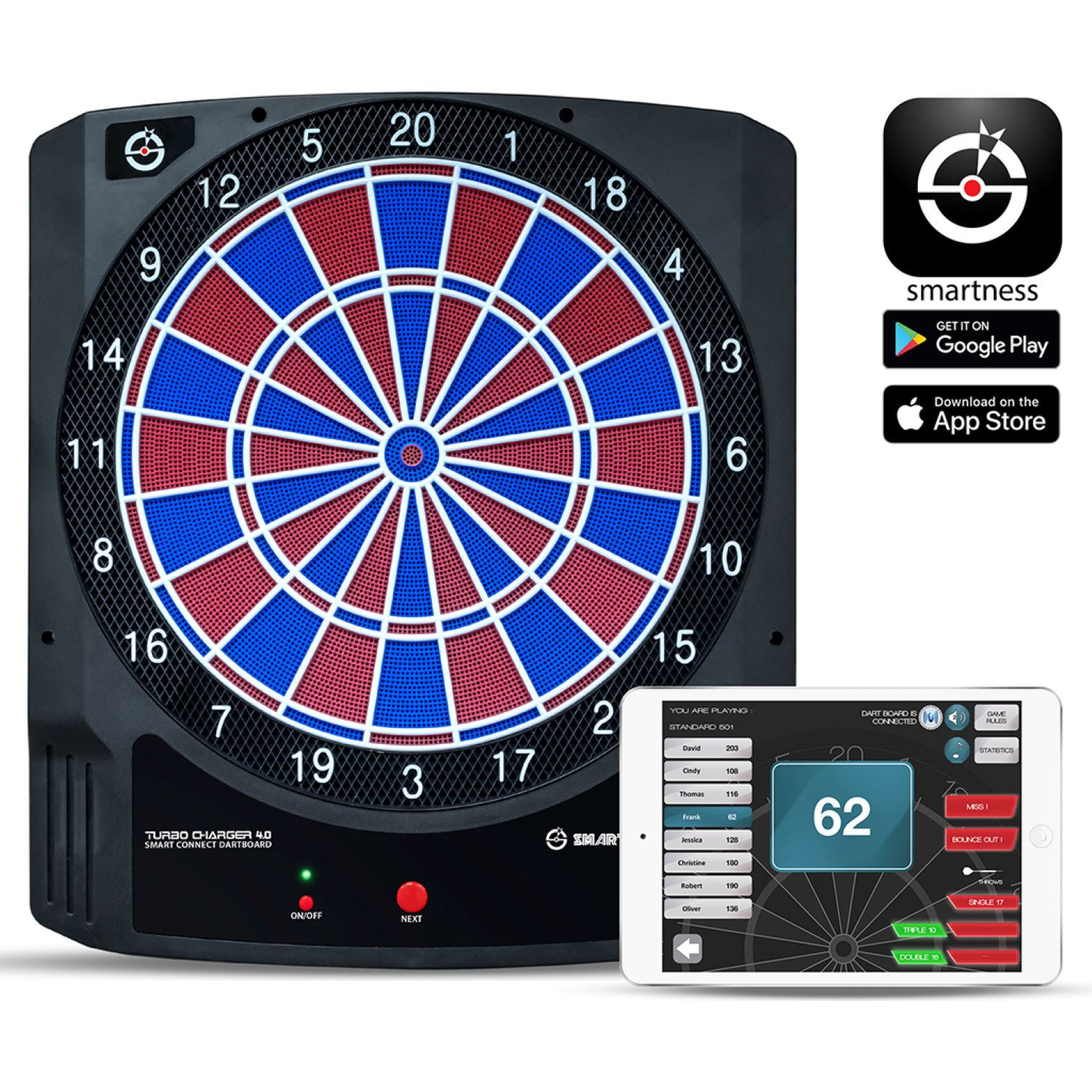 Dartscheibe mit Digitalanzeige, Tablet und App-Symbolen.