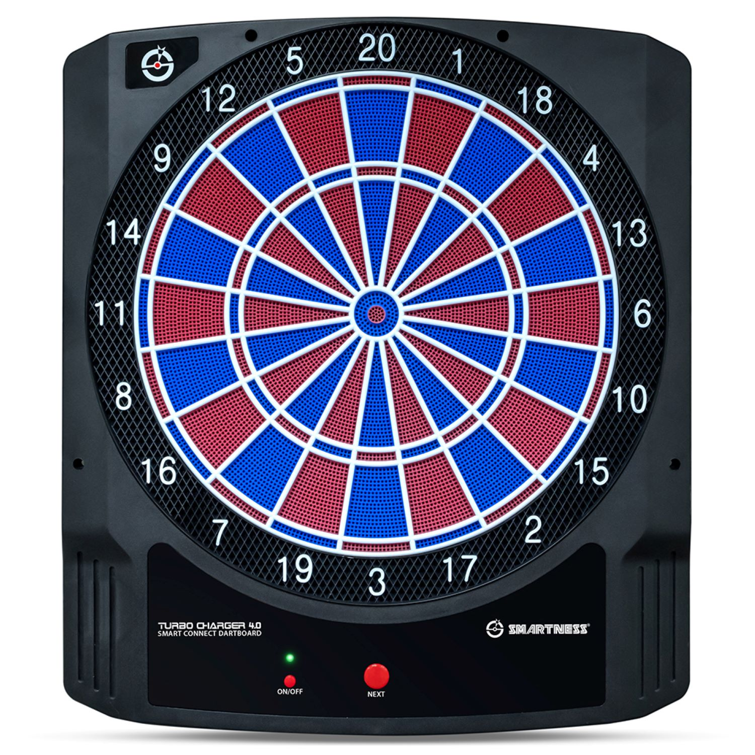 Schwarze elektronische Dartscheibe mit rot-blauem Ziel, Zahlen und Bedienfeld unten.