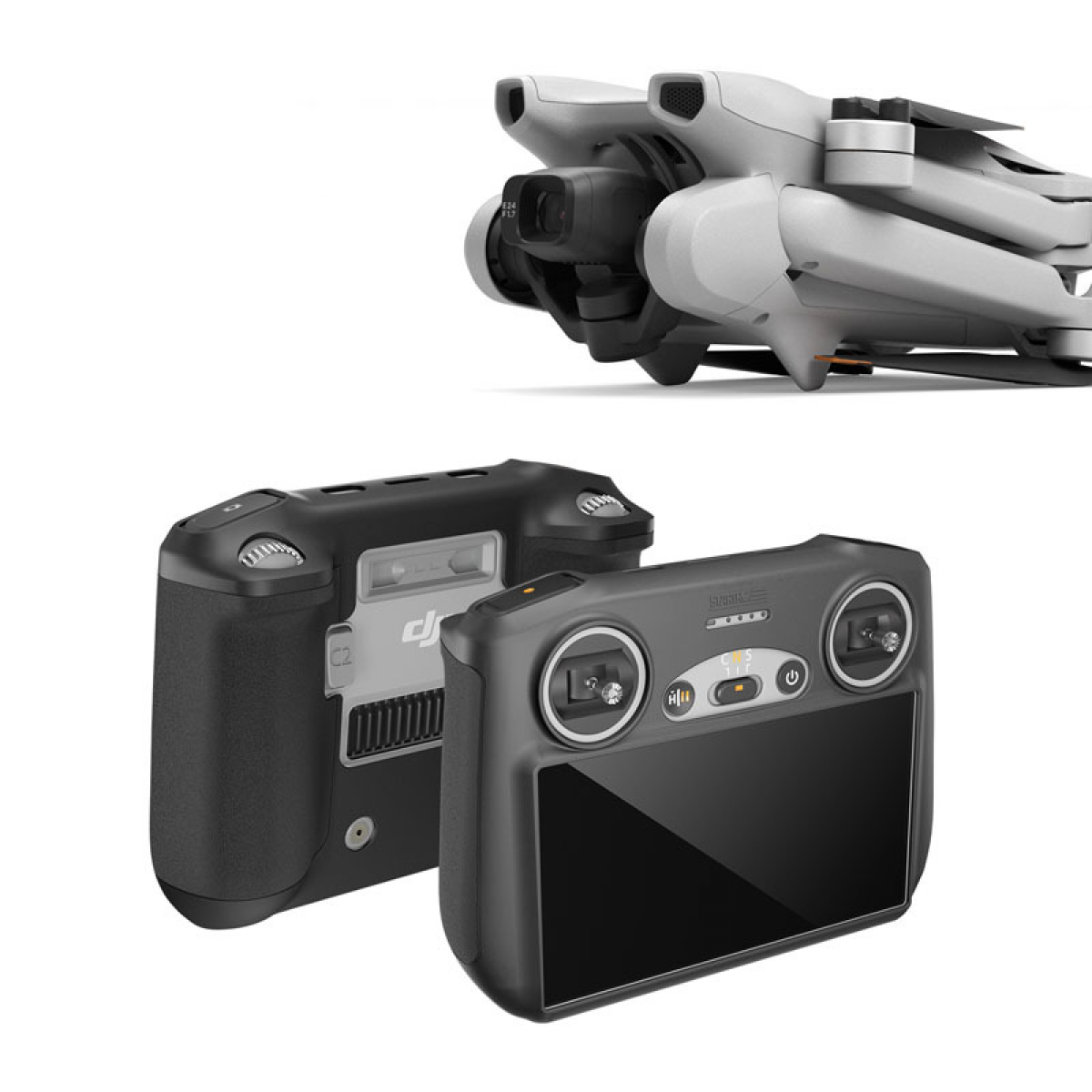 Drohne und Controller. Die Drohne ist weiß, mit Kamera. Der Controller ist schwarz.