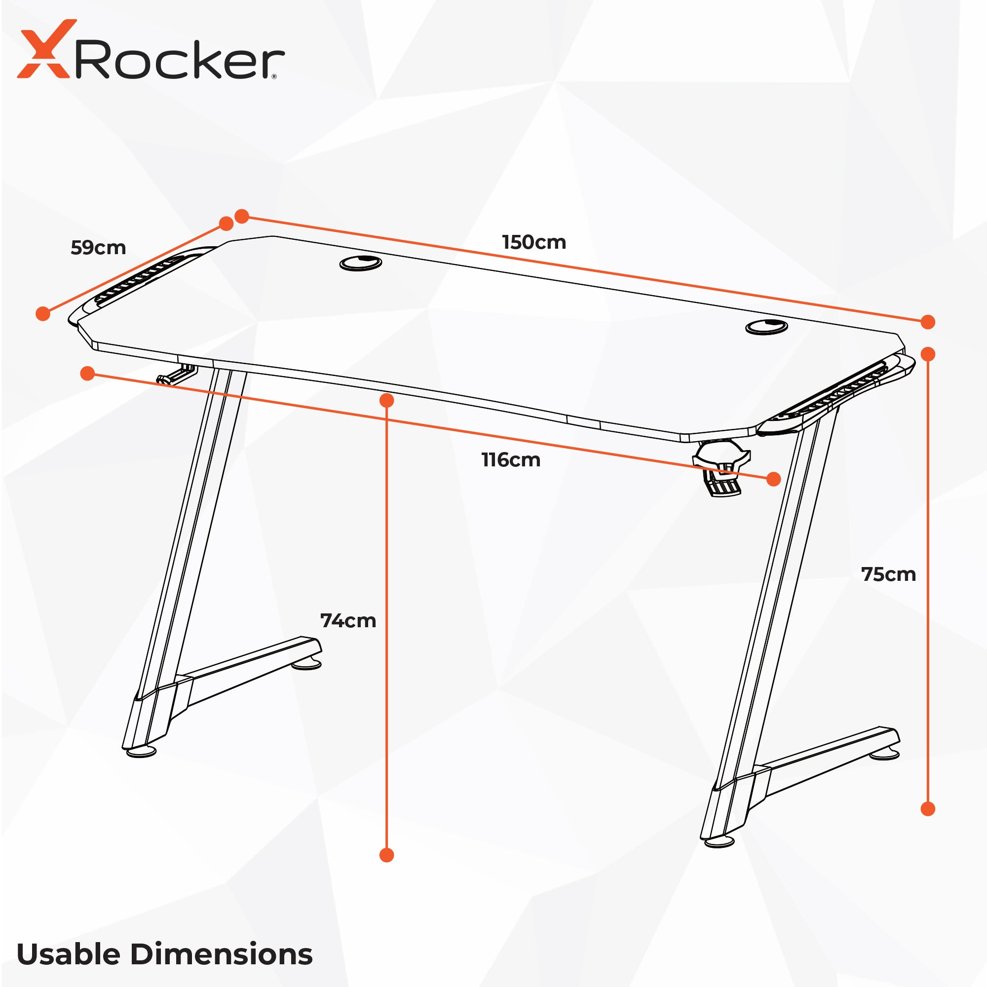 Ein Gaming-Schreibtisch mit Maßangaben: 59 cm breit, 150 cm lang, 75 cm hoch und 116 cm Nutzfläche.