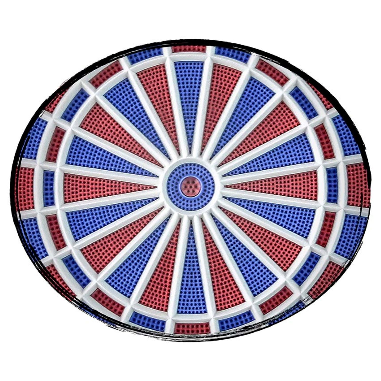 Dartscheibe mit roten, blauen und weißen Sektionen, auf weißem Hintergrund.