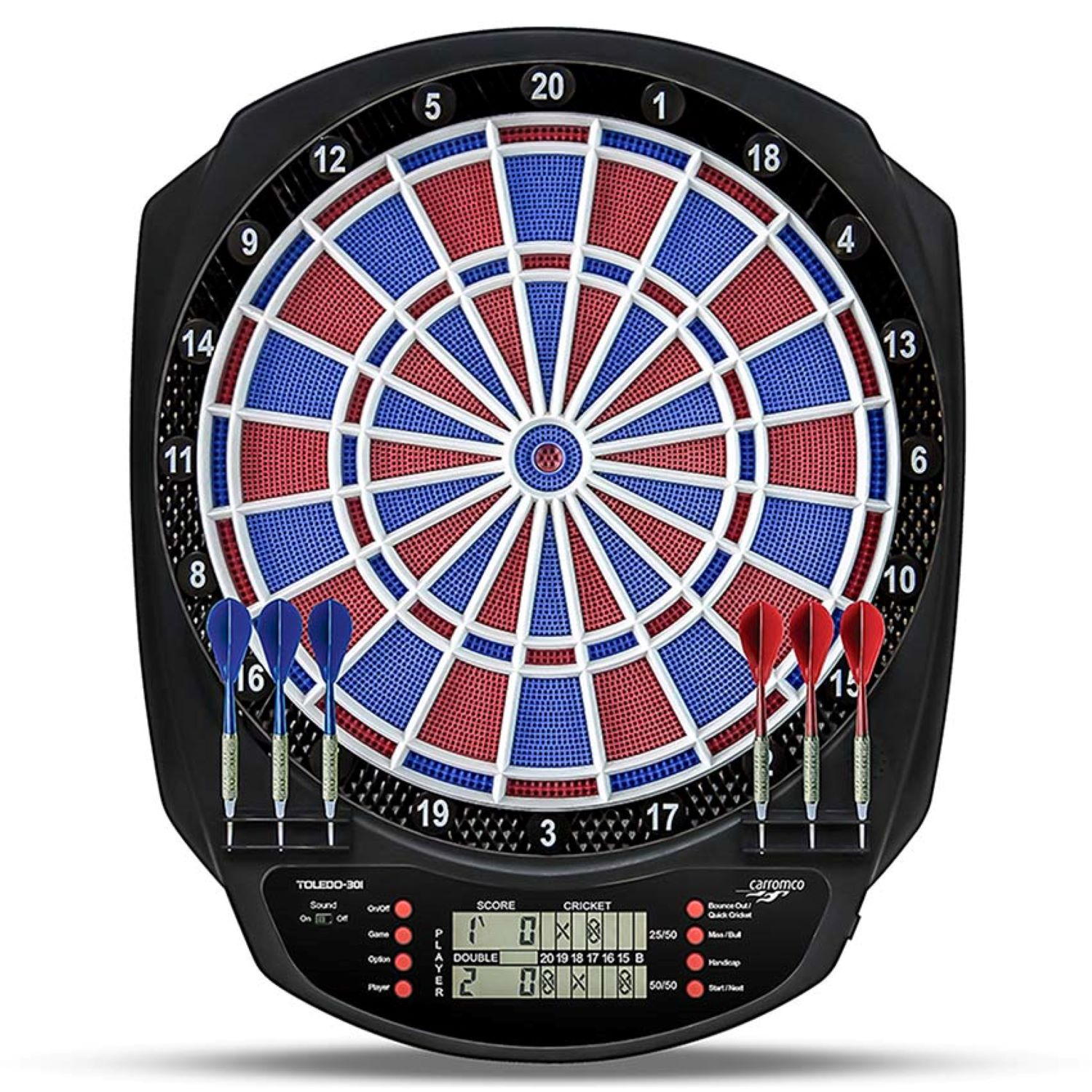 Eine Dartscheibe mit Darts. Anzeigetafel sichtbar, mit roten und blauen Bereichen.