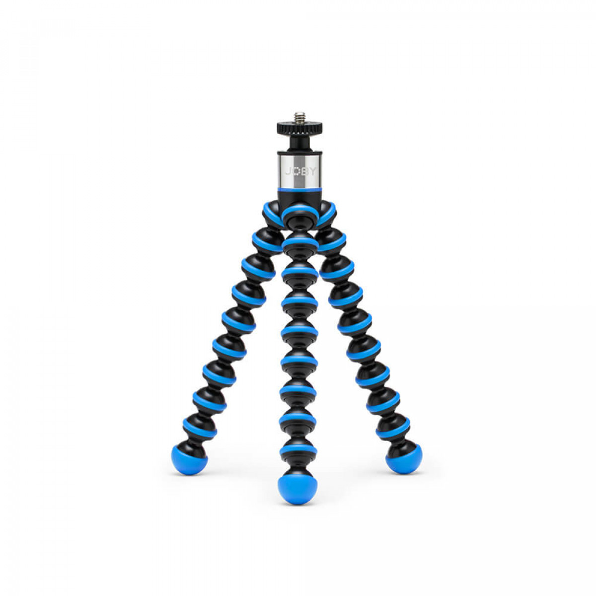 Flexibles Stativ mit blauen und schwarzen Teilen. Weißer Hintergrund. Beine sind verstellbar.