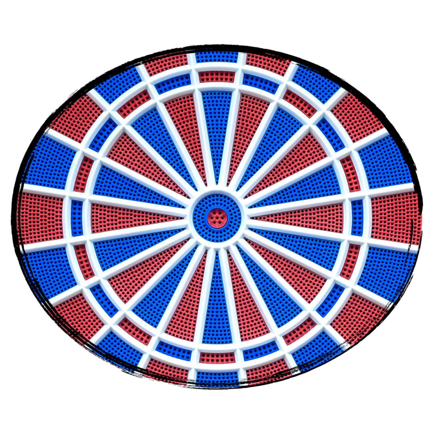 Eine Dartscheibe mit roten und blauen Sektionen, umgeben von einem schwarzen, leicht rauen Rahmen.