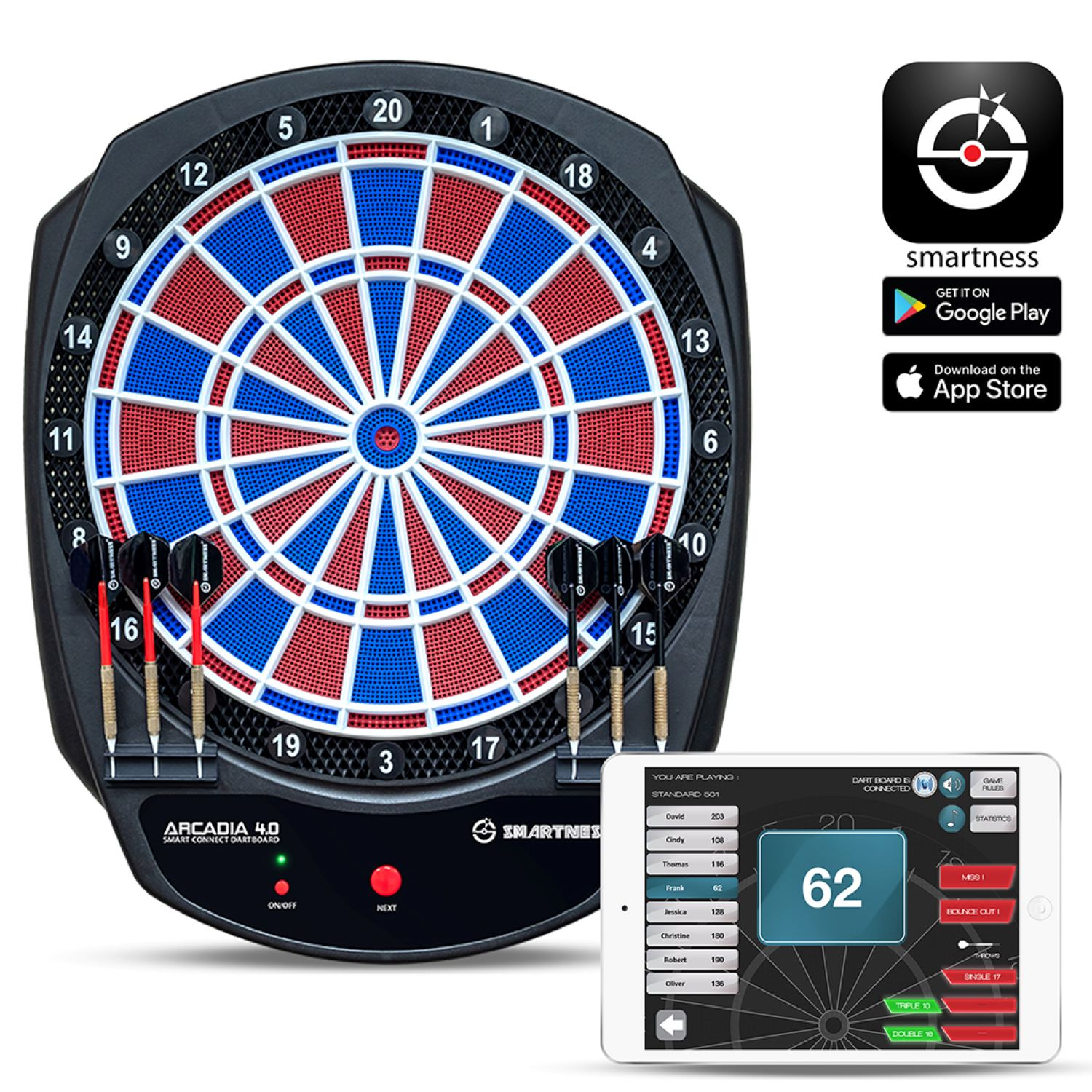 Dartscheibe mit Darts, an einem Digitaldisplay und Tablet mit Spielstatistiken.