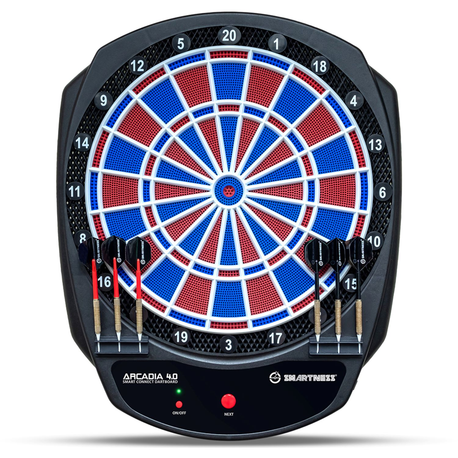 Eine Dartscheibe mit Darts. Es ist eine schwarze Tafel mit roten und blauen Abschnitten und einem grünen Ein/Aus-Licht.
