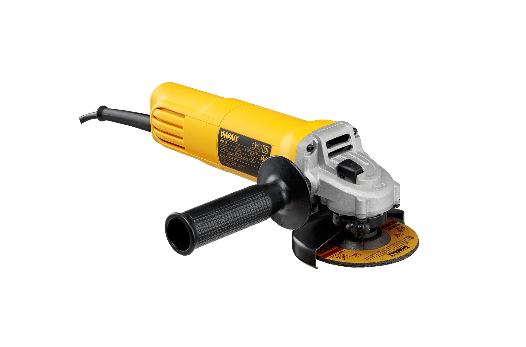 Żółto-szara szlifierka kątowa DeWalt z czarnym uchwytem i tarczą szlifierską.