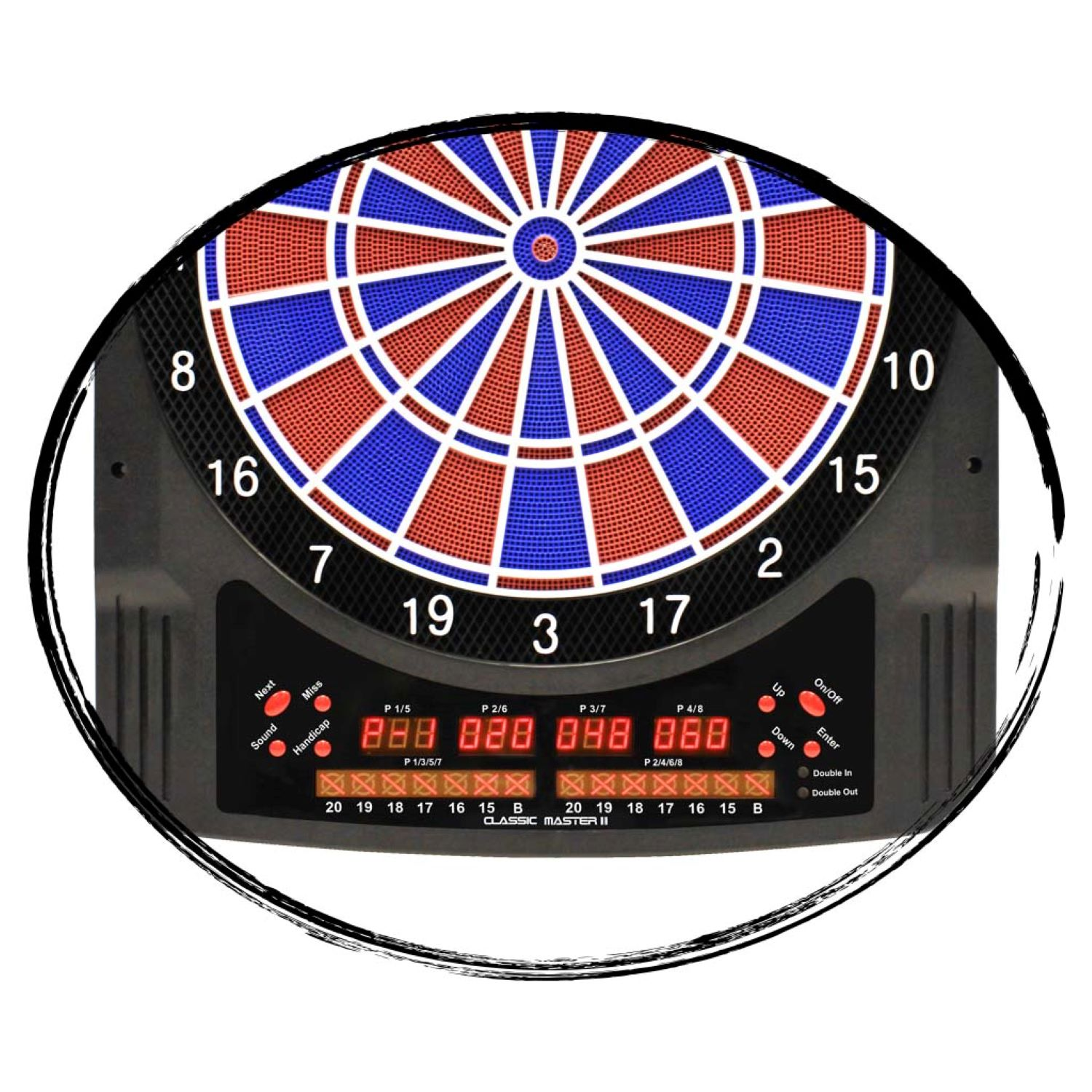 Eine schwarze Dartscheibe mit roten und blauen Abschnitten in einem ovalen Rahmen.