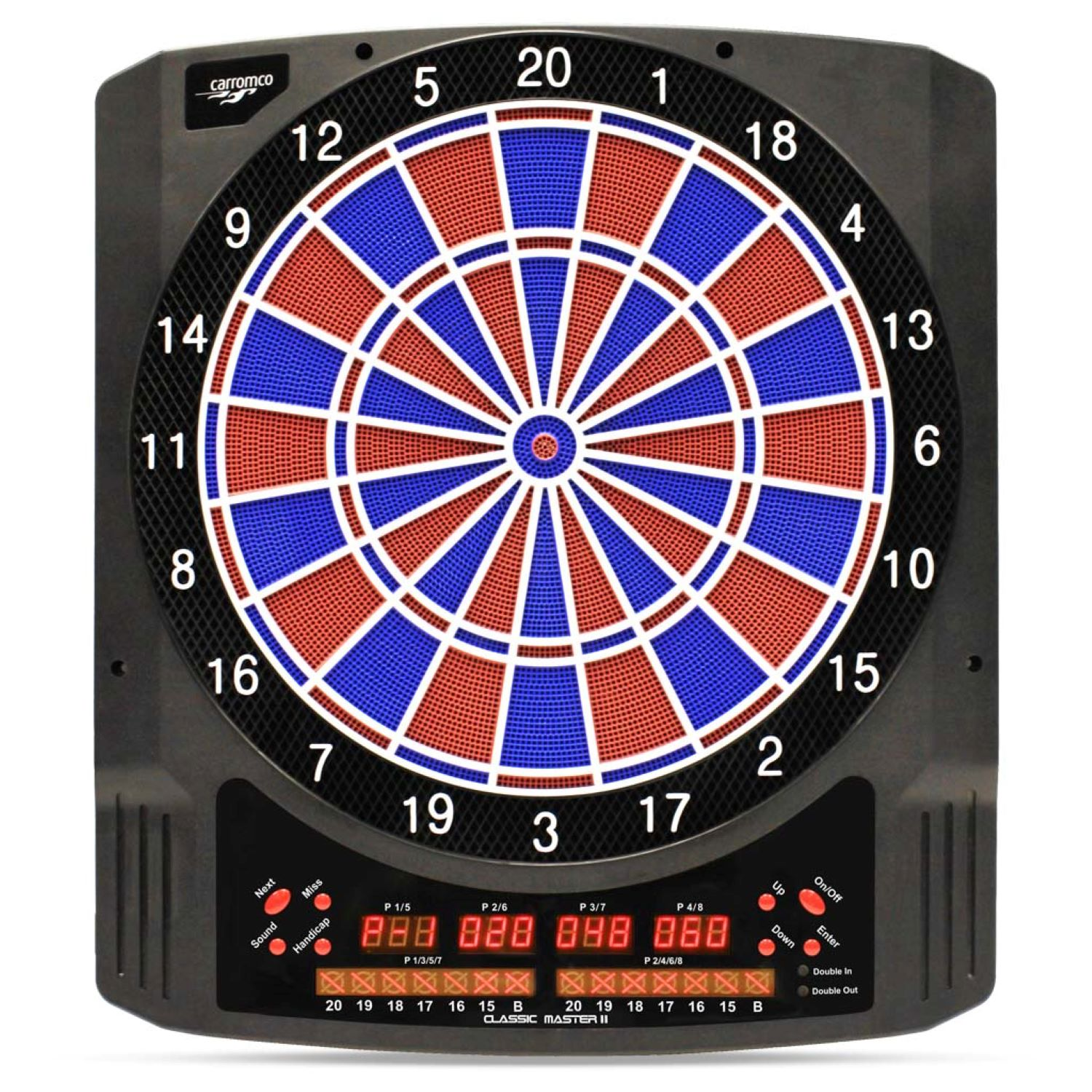 Eine schwarze elektronische Dartscheibe mit roten, blauen und weißen Abschnitten, mit digitaler Anzeige.