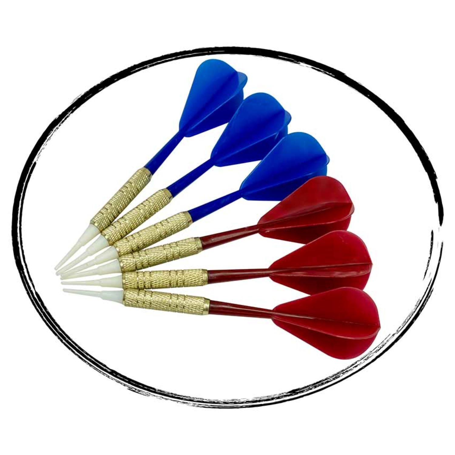 Fünf Dartpfeile werden in einem Kreis angezeigt. Sie haben blaue und rote Federn und goldene Schäfte.