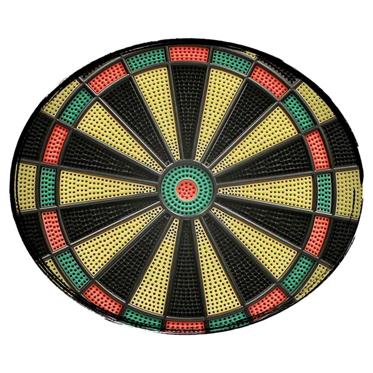Eine runde Dartscheibe mit farbigen Abschnitten, schwarzem Hintergrund und einem äußeren Ring.