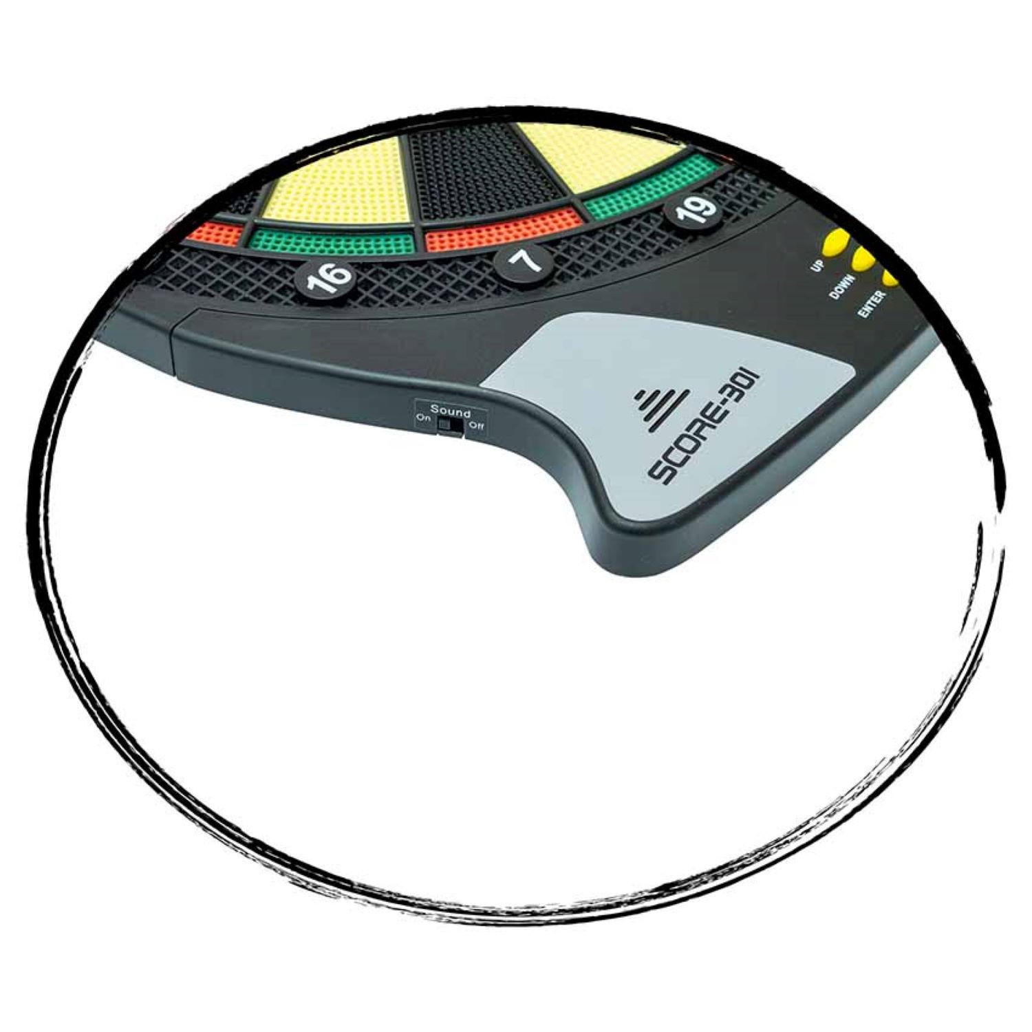Elektronische Dartscheibe mit Zahlen. Rund, schwarz mit farbigen Segmenten. Die Scheibe ist geneigt.