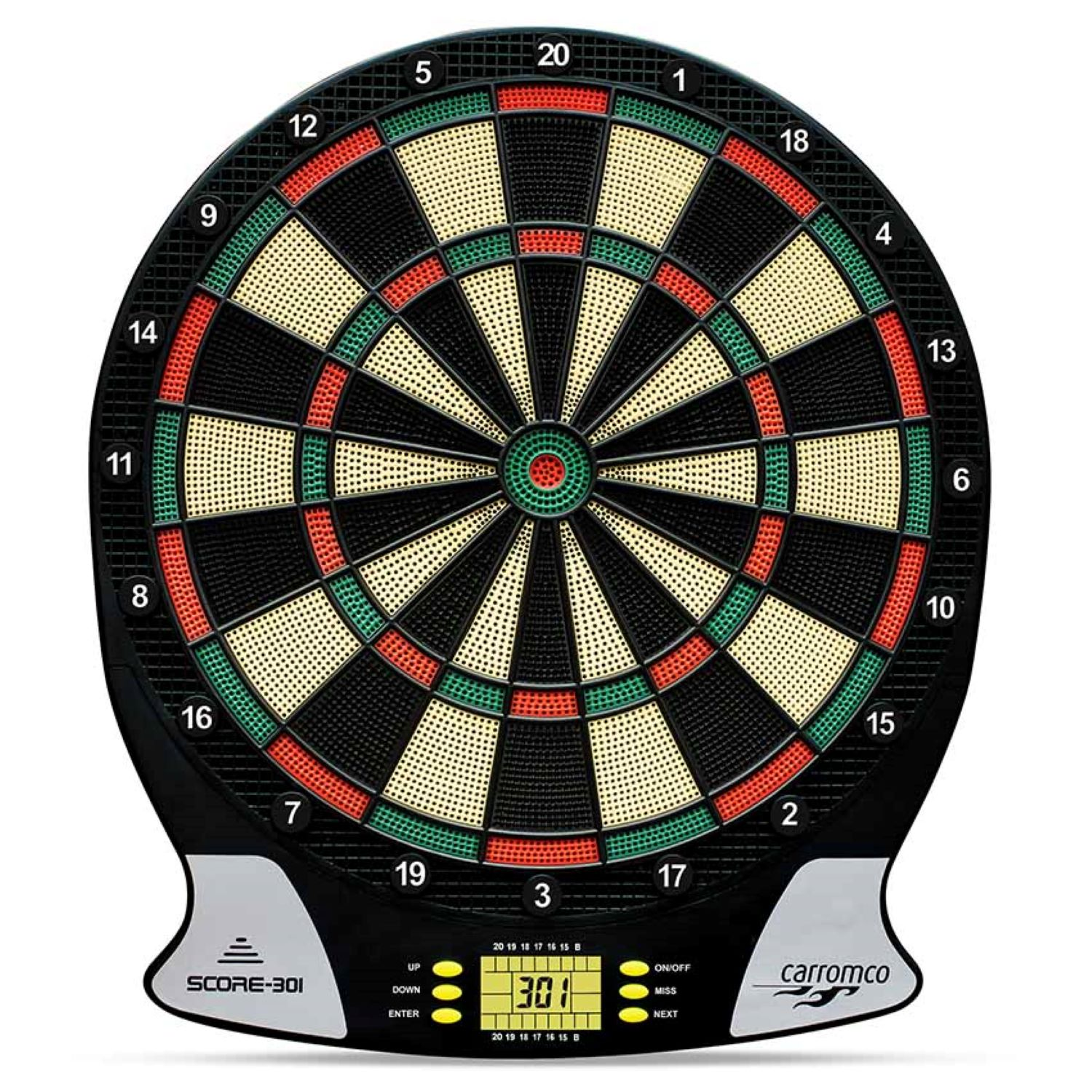 Elektronische Dartscheibe. Sie hat einen schwarzen Hintergrund mit grünen und roten Abschnitten und eine digitale Anzeige.