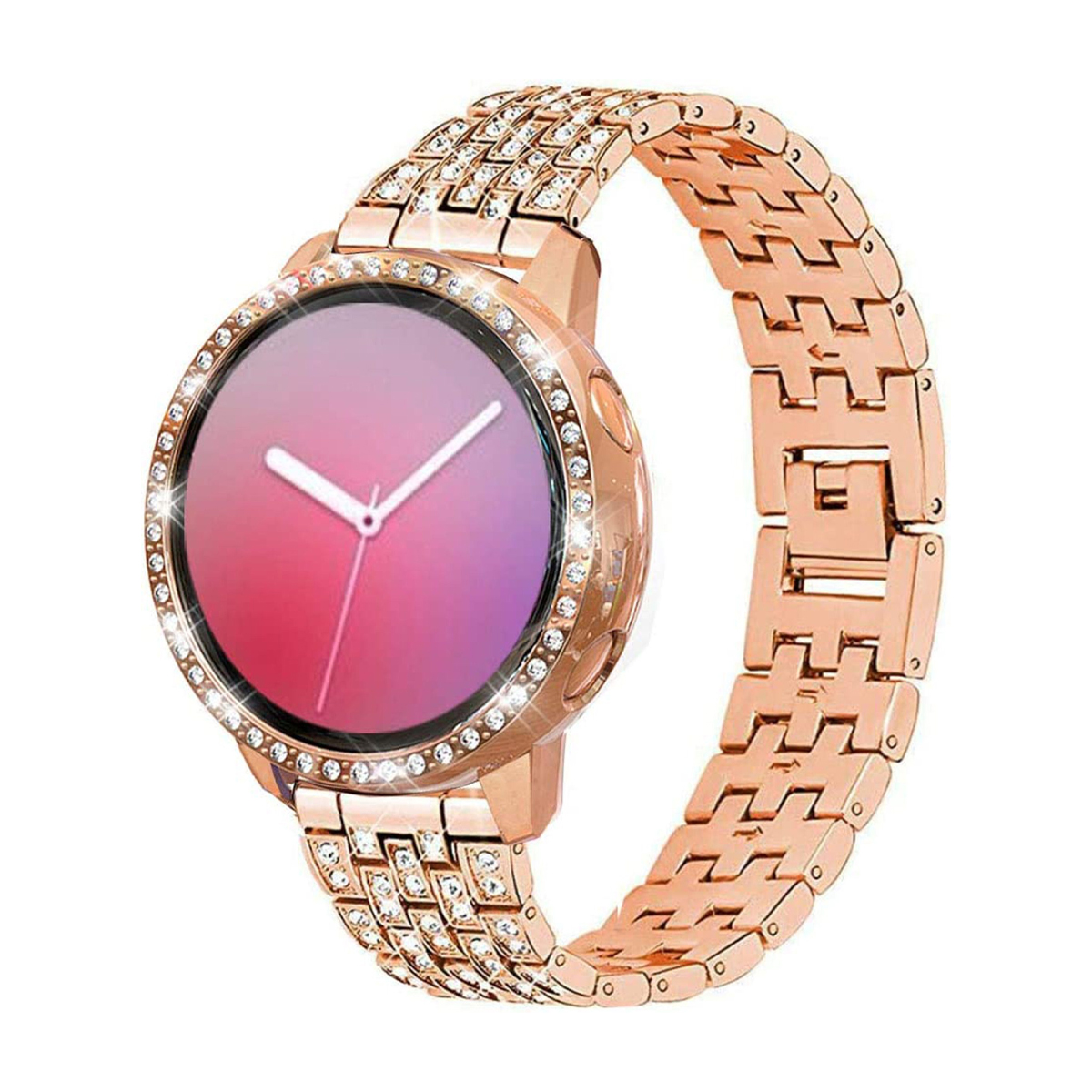 Smartwatch w kolorze różowego złota z wysadzaną diamentami ramką i paskiem.