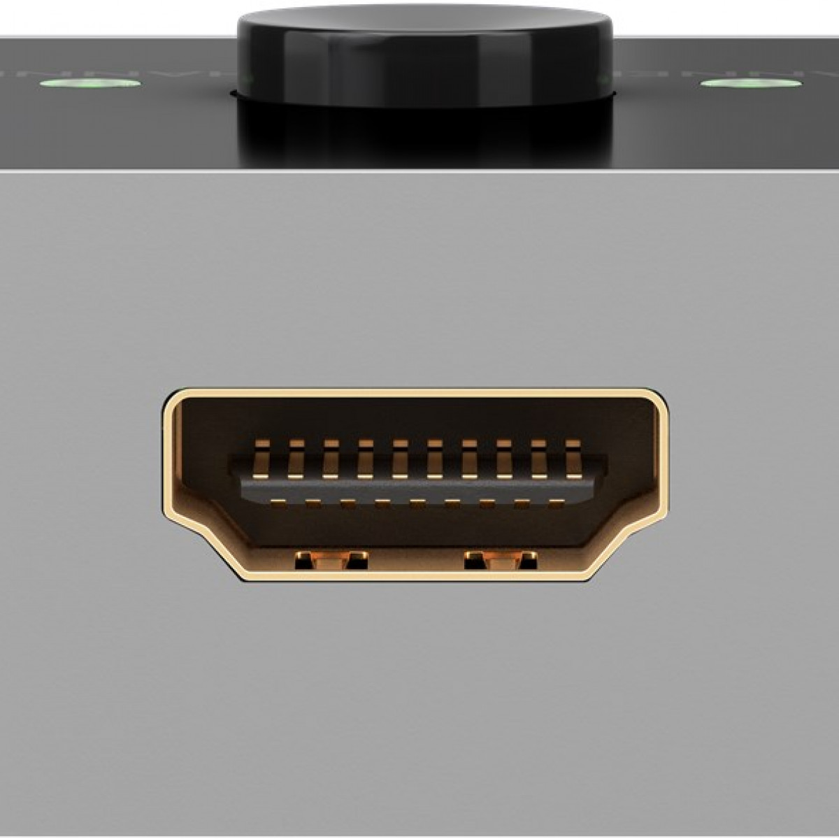 Nahaufnahme eines HDMI-Anschlusses mit einem schwarzen Bedienfeld mit zwei grünen Lichtern.
