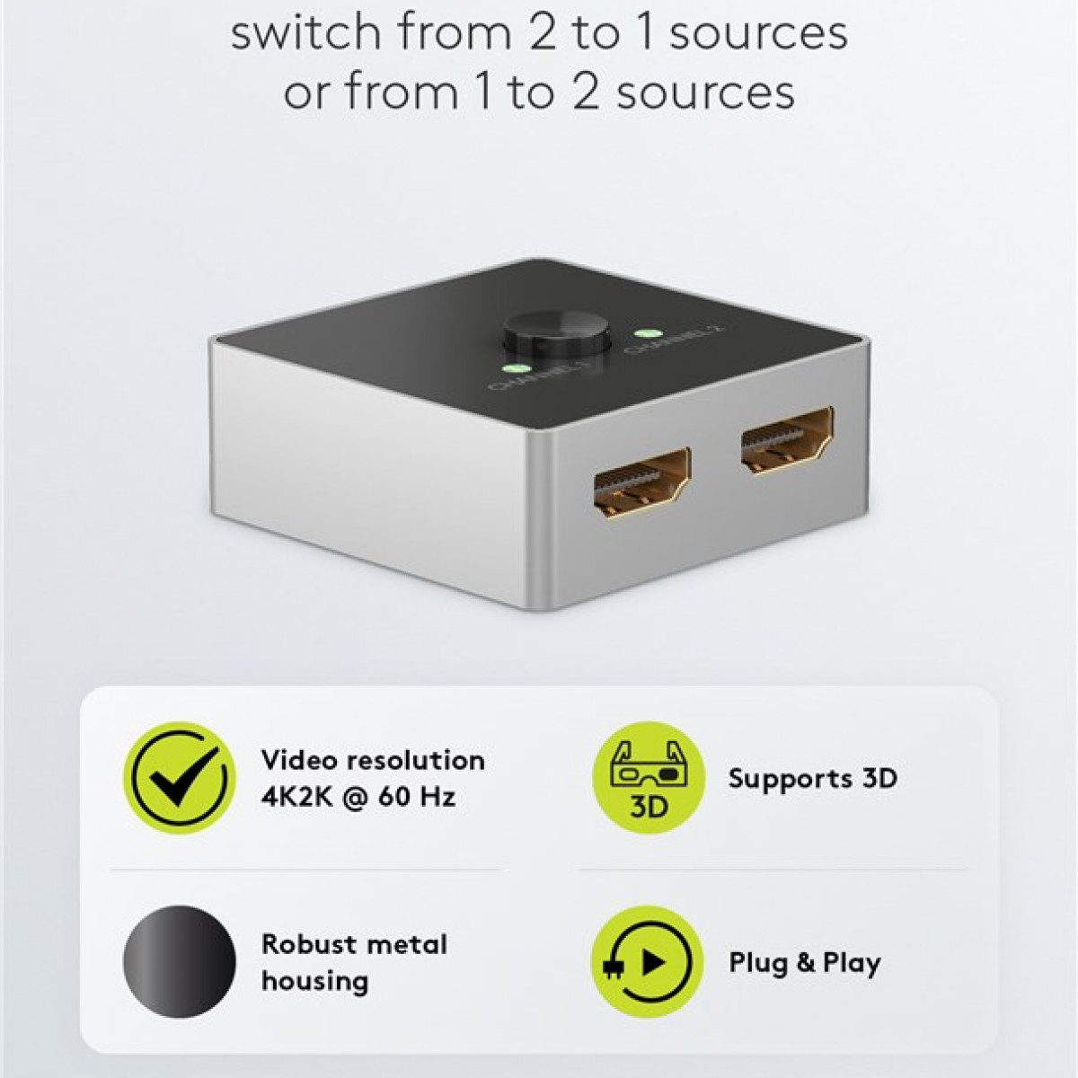 Ein silberner und schwarzer HDMI-Switch mit Text, der anzeigt, dass er zwischen 2 zu 1 oder 1 zu 2 Quellen umschaltet.