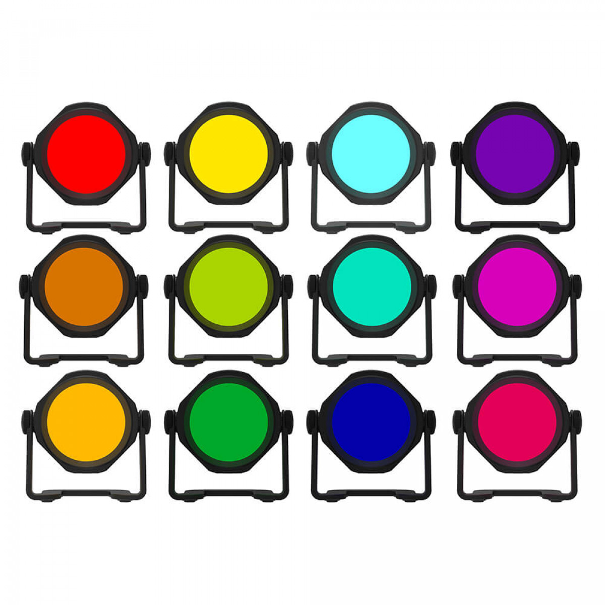 Dodici luci colorate da palco in una griglia, ognuna con una lente diversa.