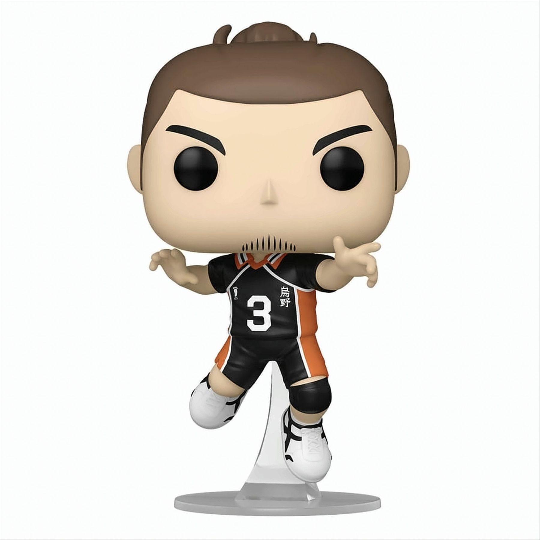 Funko Pop Figur einer männlichen Anime-Figur in Sportuniform, auf einem Ständer.