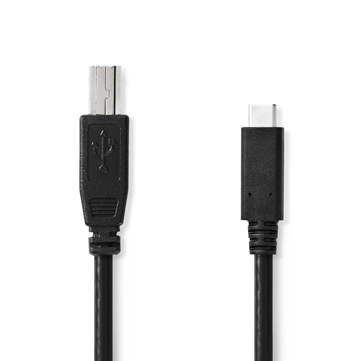 Black USB cable, USB to USB-C, against a white background. Close-up detail of the connectors.