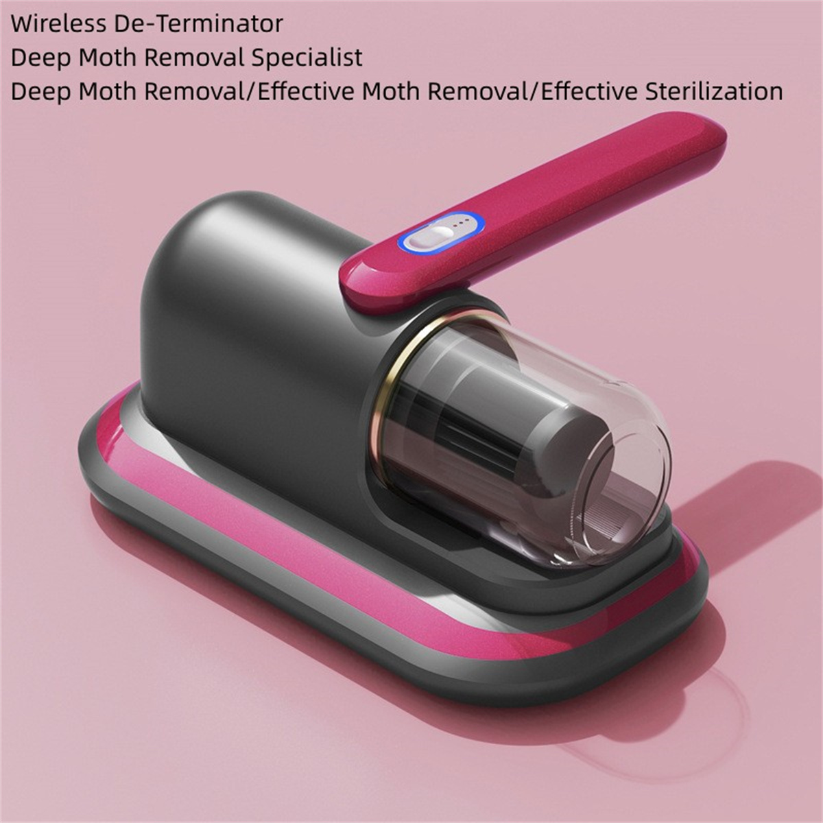 Mottenentferner, rosa und schwarz, auf rosa Oberfläche. Enthält transparente Kammer.