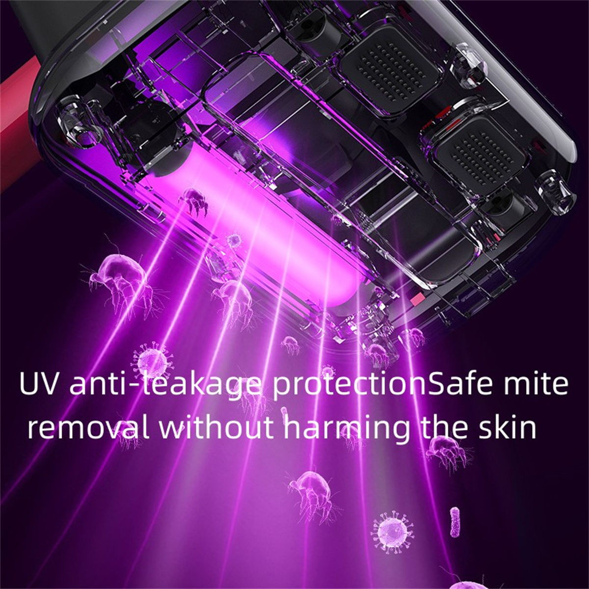 Ein UV-Lichtgerät mit Text über die sichere Milbenentfernung, ohne die Haut zu schädigen. Violettes Licht wird emittiert.