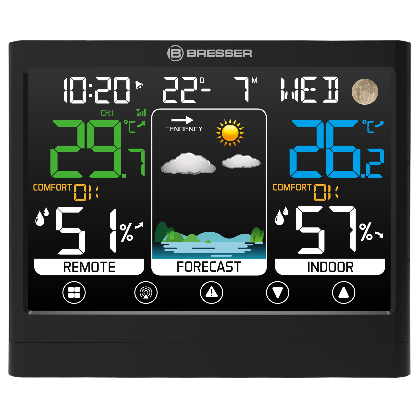 Wetterstation zeigt Temperatur, Luftfeuchtigkeit und Wettersymbole.