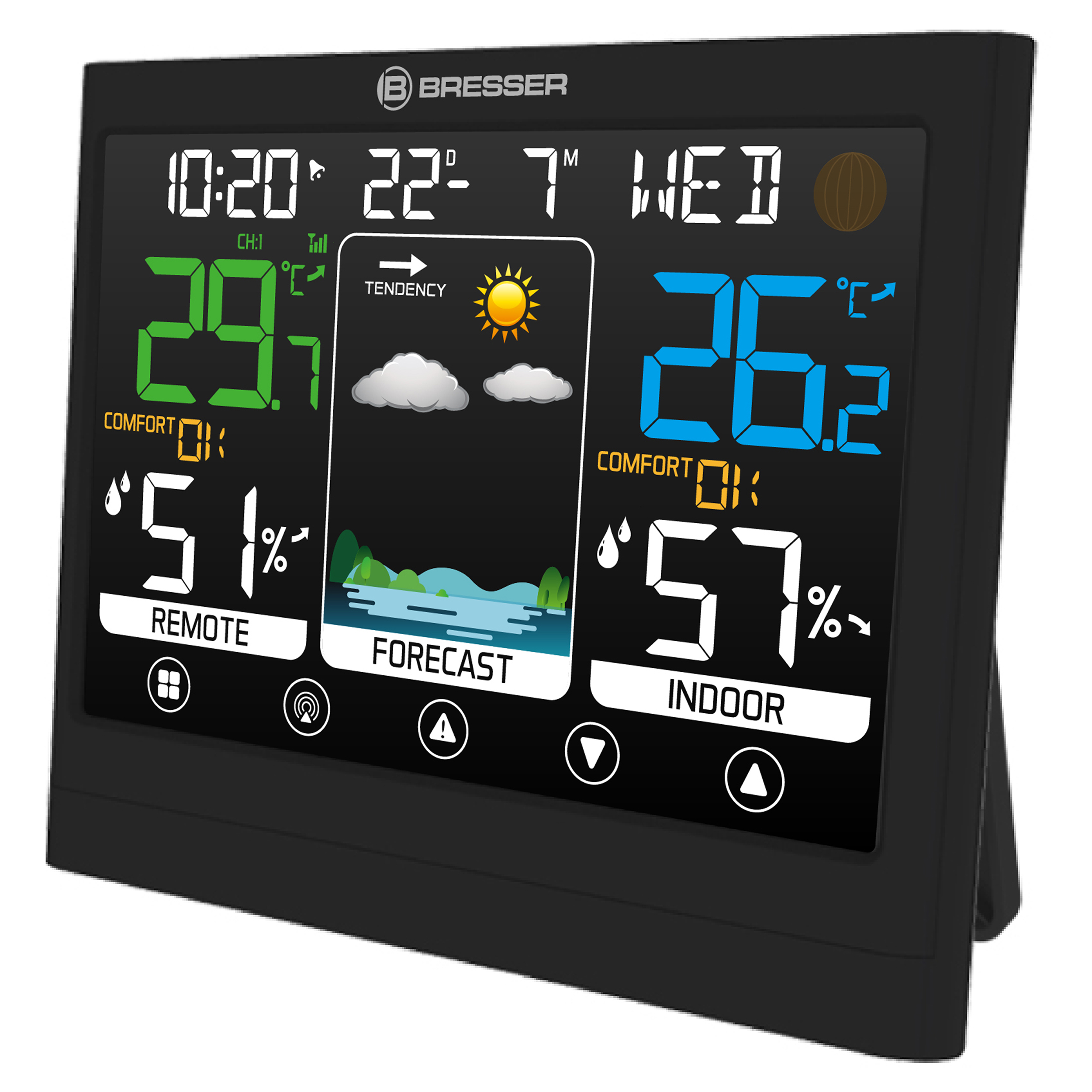 Schwarze digitale Wetterstation, die Temperatur, Luftfeuchtigkeit und Vorhersage anzeigt.