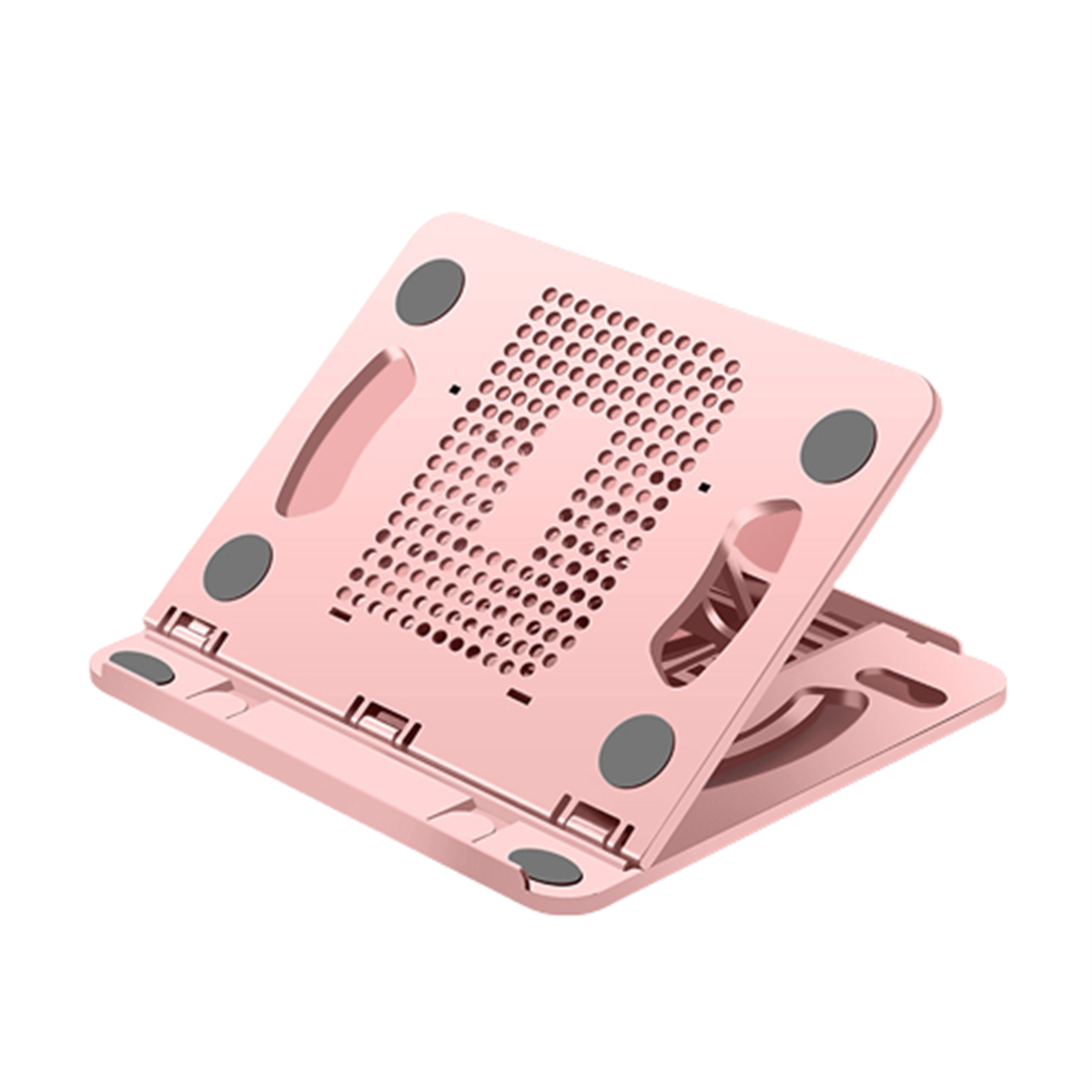 Ein rosa Laptop-Ständer. Es hat mehrere Löcher und ist für bessere Sicht angewinkelt.
