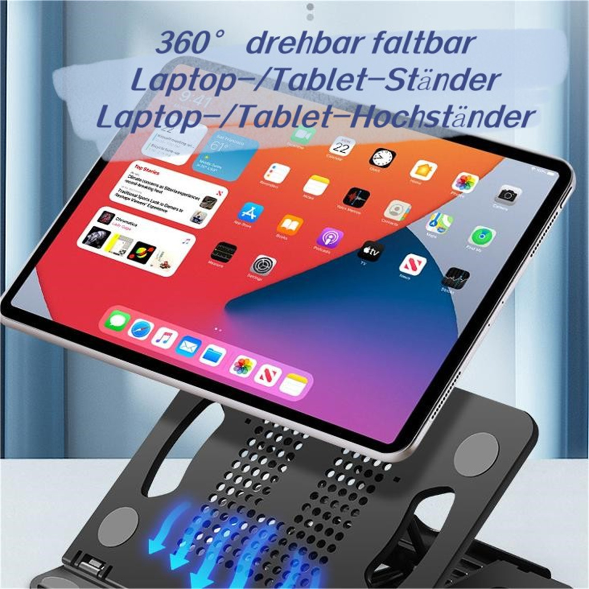Ein schwarzer Laptopständer hält ein Tablet, mit blauen Pfeilen und Display.