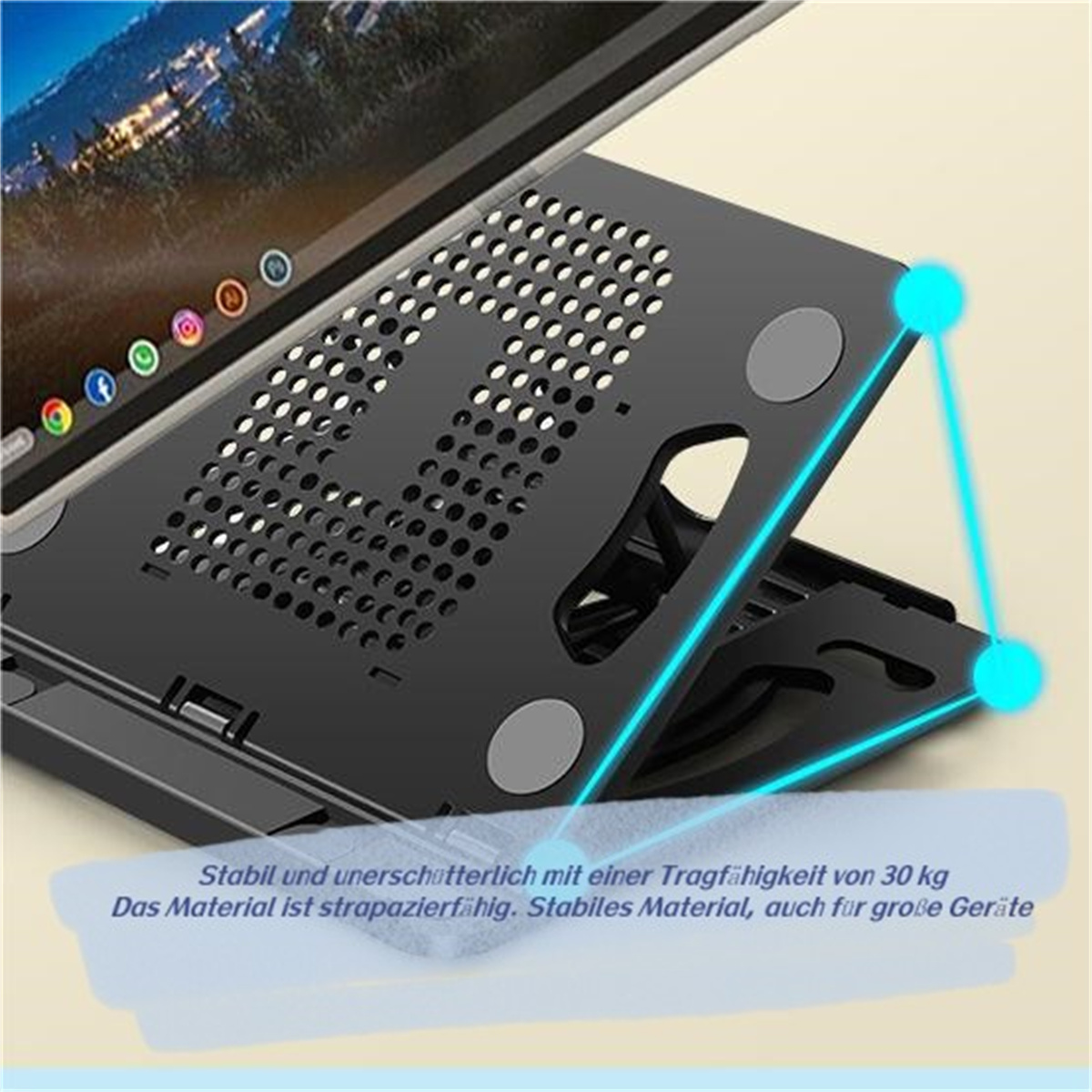 Schwarzer Laptopständer mit Lüftungslöchern und einem Laptop darauf. Deutscher Text beschreibt die Eigenschaften.