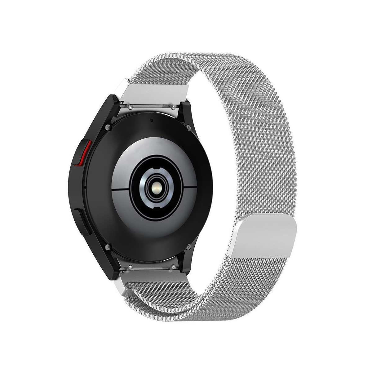 Nahaufnahme der Rückseite einer schwarzen Smartwatch mit Metallarmband, auf weißem Hintergrund.