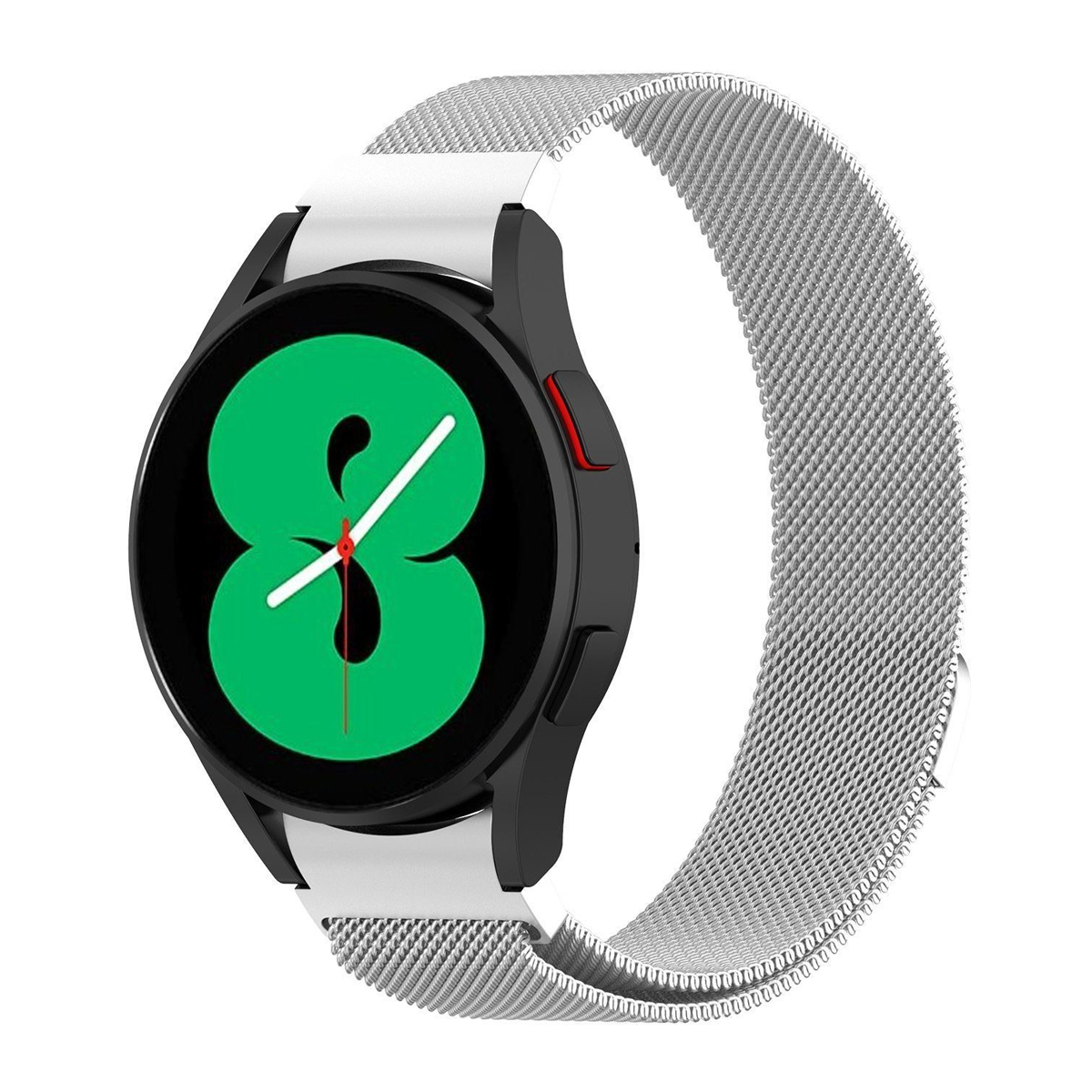 Eine Smartwatch mit schwarzer Lünette und silbernem Mesh-Armband, zeigt eine grüne Ziffer 8 auf dem Bildschirm.