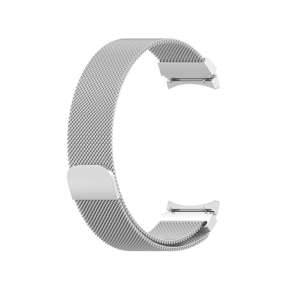 Gebogenes silbernes Uhrenarmband mit Mesh-Design. Es ist auf weißem Hintergrund.