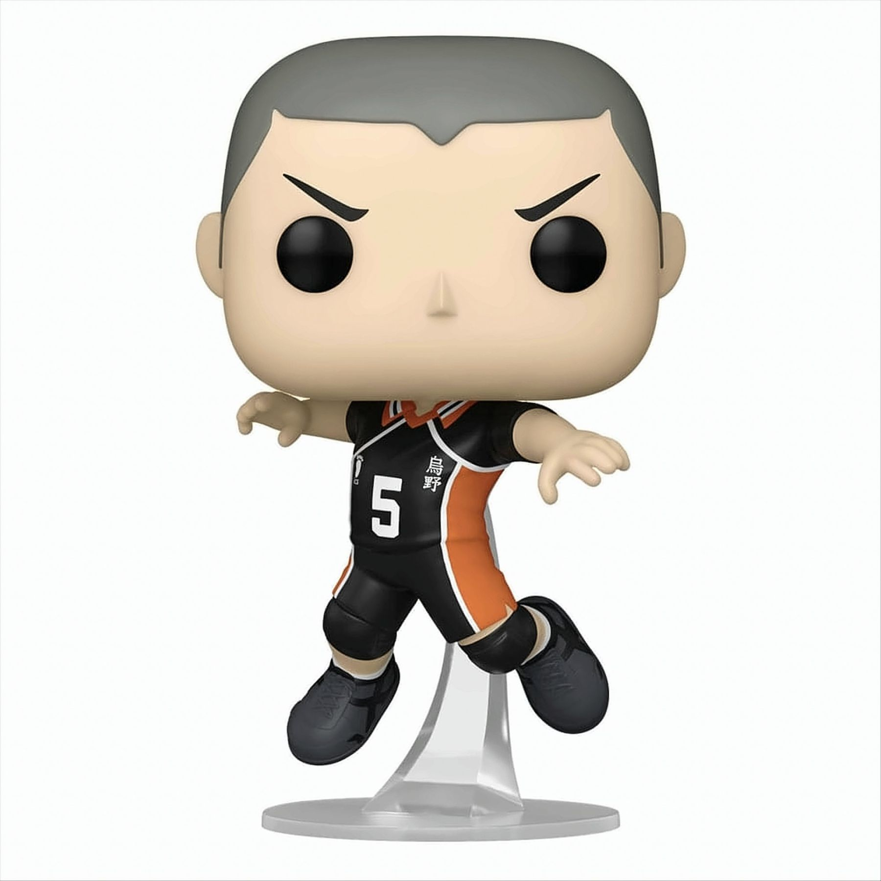 Funko Pop Figur einer Zeichentrickfigur in dynamischer Pose auf einem Ständer.