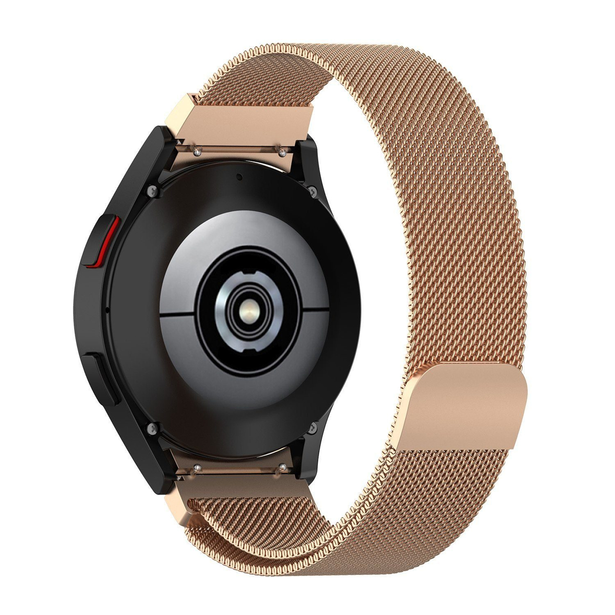Rückansicht einer schwarzen Smartwatch mit goldenem Mesh-Armband, auf weißem Hintergrund.