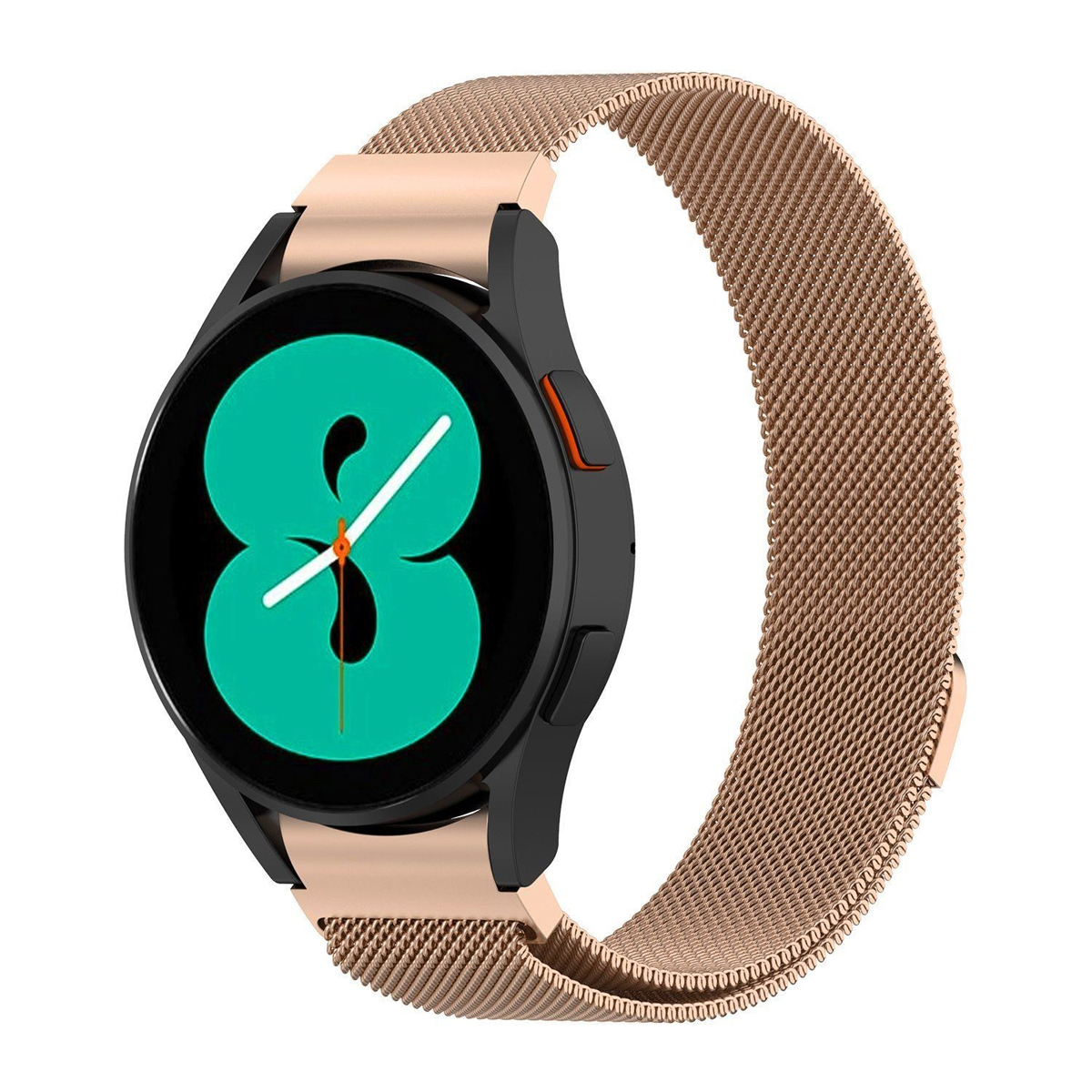 Eine goldene Smartwatch mit schwarzer Lünette und goldenem Mesh-Armband. Das Zifferblatt hat eine 8.