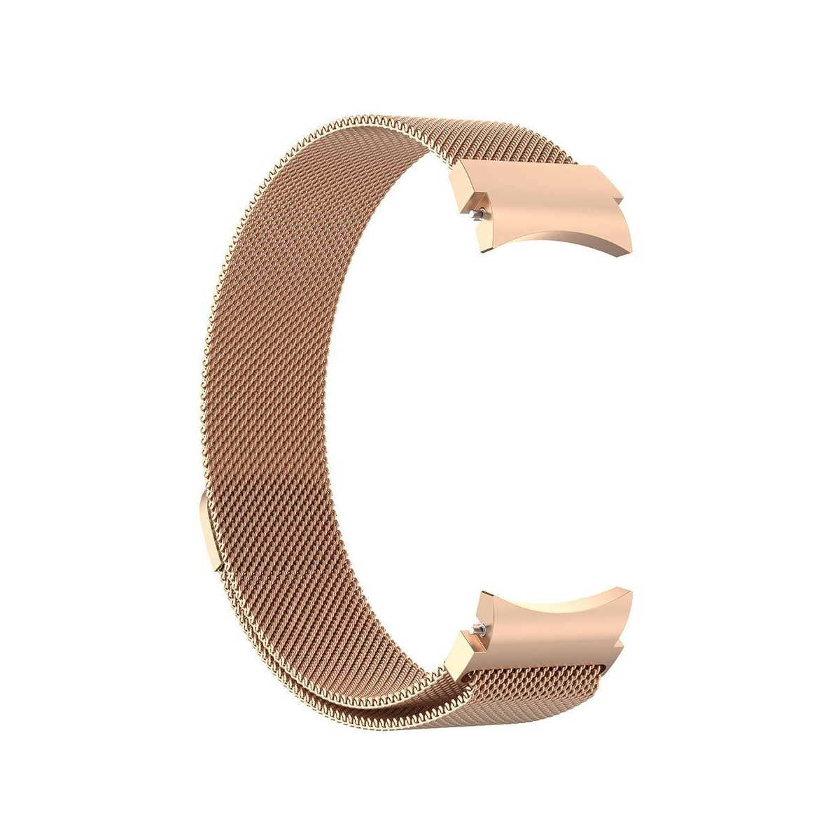 Ein roségoldenes Uhrenarmband. Es hat ein Mesh-Design und ist vor einem weißen Hintergrund platziert.