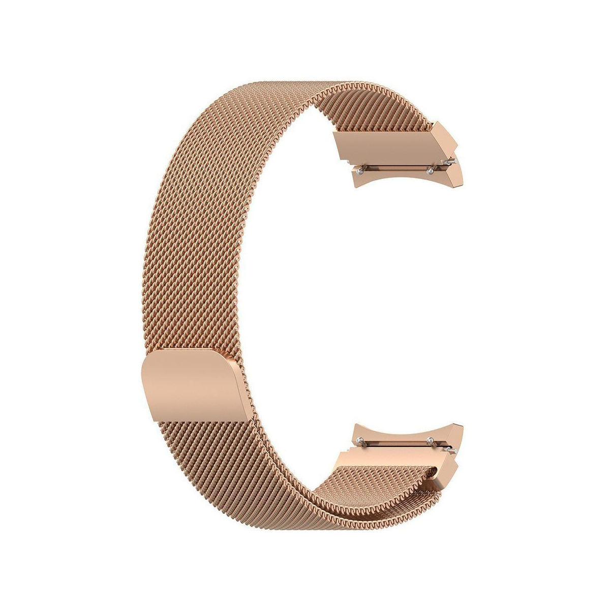 Roségoldenes Uhrenarmband, C-förmig, mit Mesh-Design und Anschlüssen an jedem Ende.