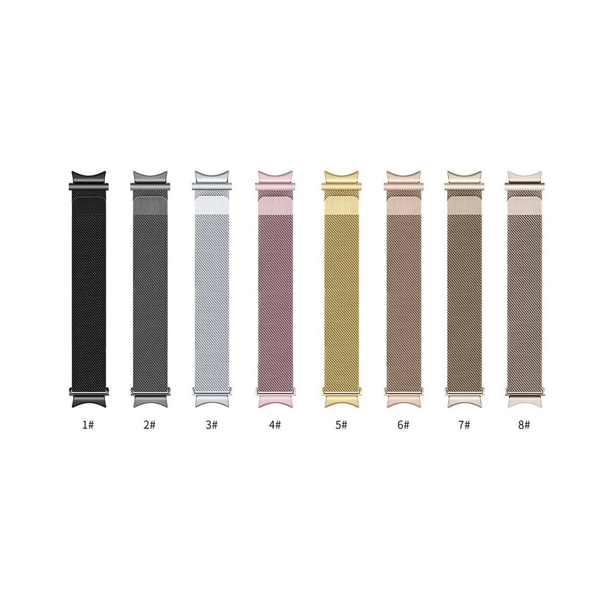 Acht Uhrenarmbänder in verschiedenen Farben, nummeriert 1-8, mit weißem Hintergrund.
