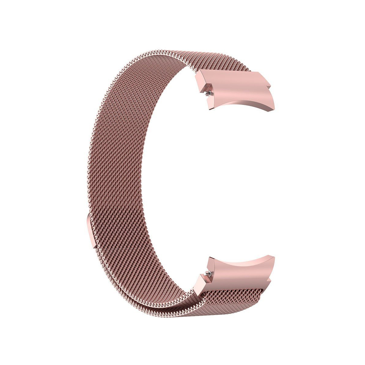 Roségoldfarbenes Metall-Mesh-Uhrenarmband, gebogen mit Befestigungspunkten.