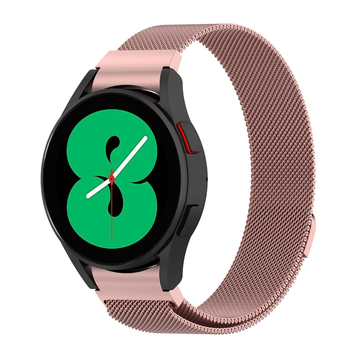 Eine rosa Smartwatch mit einer grünen Zahl 8 auf dem Bildschirm und einem rosa Band.