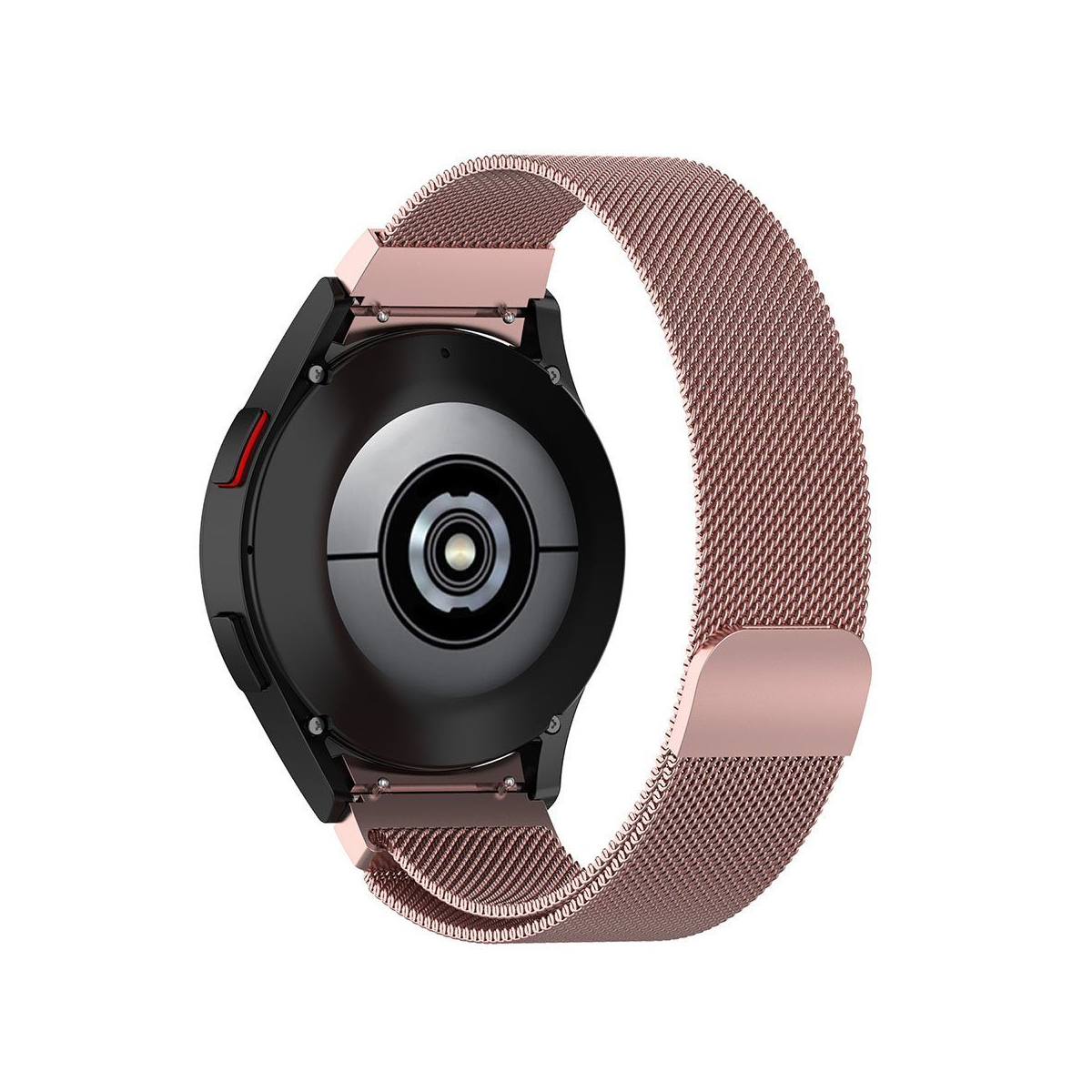 Eine roségoldene Smartwatch mit Mesh-Armband, die die Rückseite der Uhr zeigt.